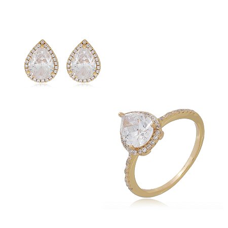 Conjunto de brinco e anel cravejado de zirconia cristal banho em ouro 18k
