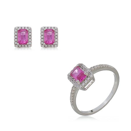 Conjunto de brinco e colar com zirconia pink banho em rodio branco