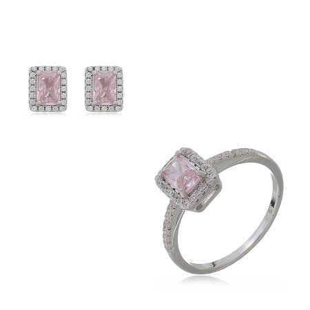 Conjunto de brinco e anel cravejado de zirconia rosa banho rodio branco