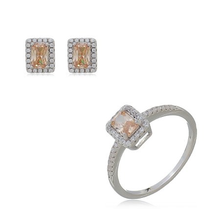 Conjunto de brinco e anel cravejado de zirconia morganita banho rodio branco