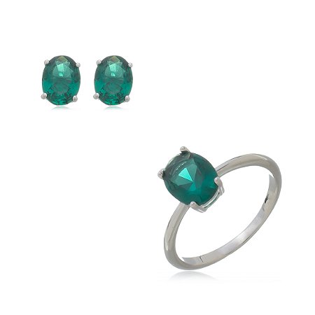 Conjunto de brinco e anel cravejado de zirconia esmeralda banho rodio branco
