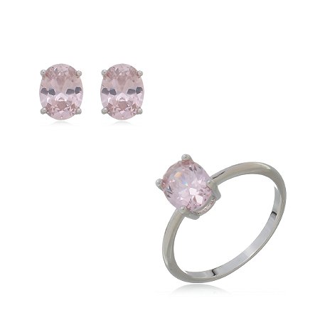 Conjunto de brinco e anel cravejado de zirconia rosa banho rodio branco