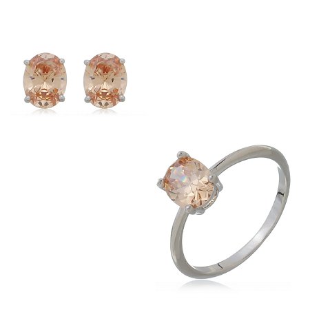 Conjunto de brinco e anel cravejado de zirconia morganita banho rodio branco