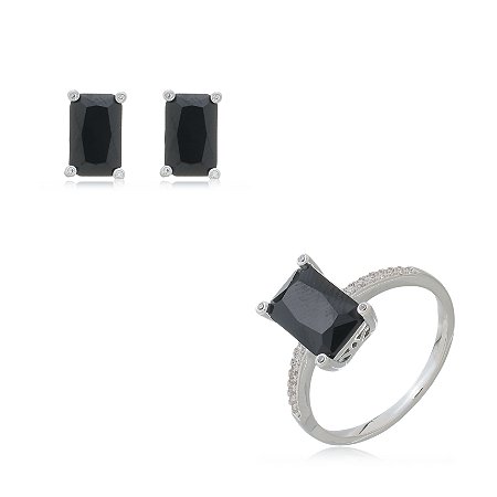 Conjunto de brinco e anel cravejado de zirconia onix banho rodio branco