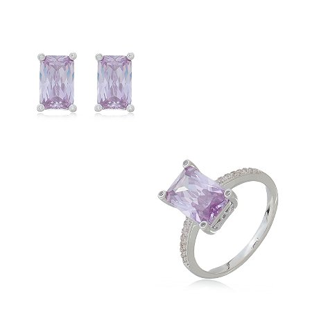 Conjunto de brinco e anel cravejado de zirconia ametista banho rodio branco