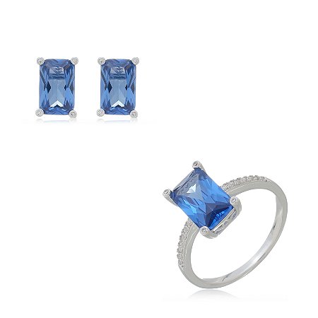 Conjunto de brinco e anel cravejado de zirconia safira banho rodio branco