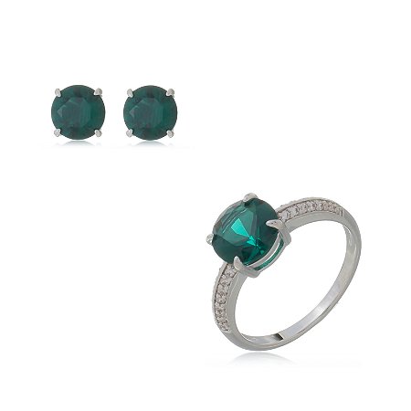 Conjunto de brinco e anel cravejado de zirconia esmeralda banho rodio branco