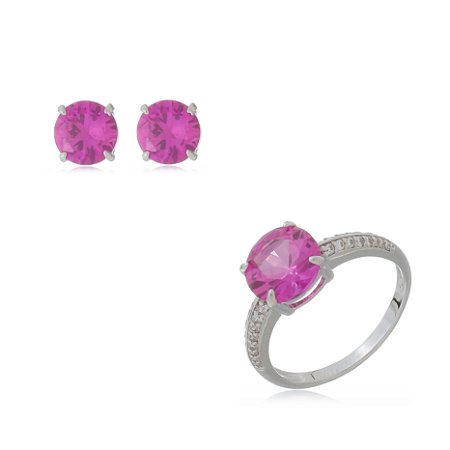 Conjunto de brinco e anel cravejado de zirconia pink banho rodio branco