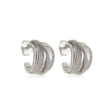 Brinco de argola com zirconia cristal banho em rodio branco