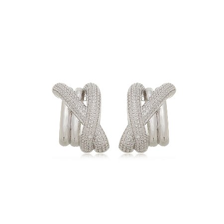 Brinco de argola com zirconia cristal banho em rodio branco
