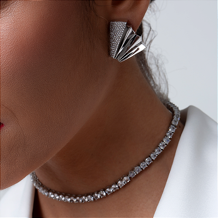 Brinco com zirconia cristal banho em rodio branco