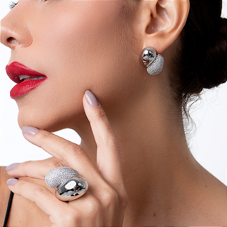 Brinco de base com zirconia cristal banho em rodio branco