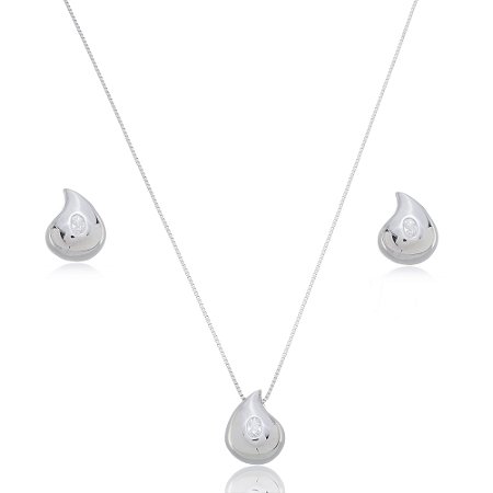 Conjunto de brinco e colar com zirconia cristal banho em rodio branco