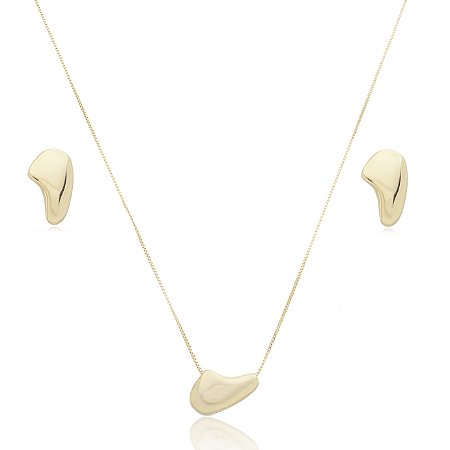 Conjunto de brinco e colar liso banho em ouro 18k