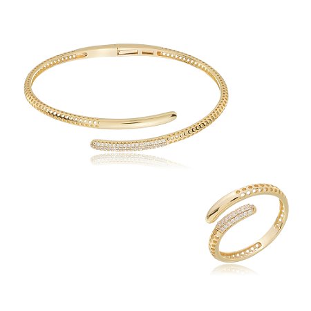 Conjunto de pulseira e anel cravejado de zirconia cristal banho em ouro 18k