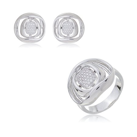 Conjunto de brinco e anel cravejado de zirconia cristal banho em rodio branco