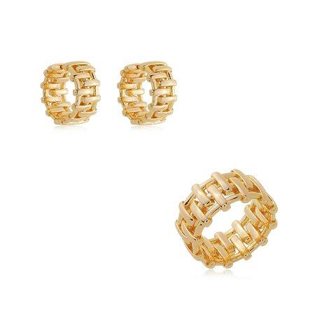 Conjunto de brinco e anel liso banho em ouro 18k