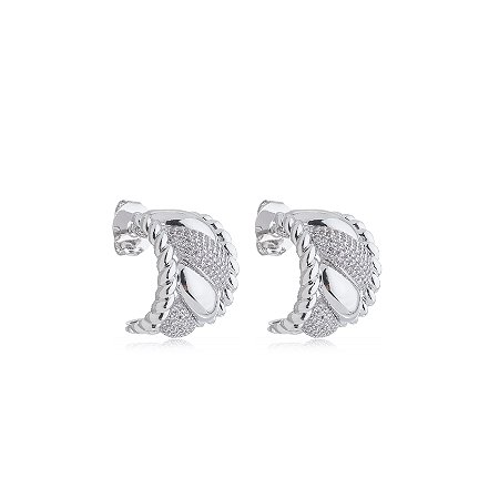 Brinco de argola com zirconia cristal banho em rodio branco