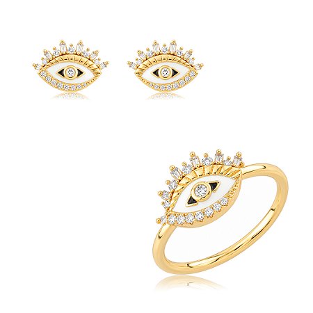 Conjunto de brinco e anel esmaltado com detalhes em zircônia cristal banho em ouro 18k