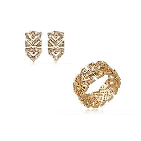 Conjunto de brinco e anel cravejado de zircônia cristal banho em ouro 18k