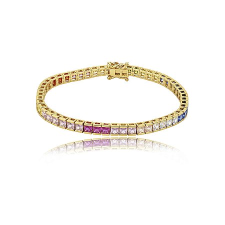 Pulseira de riviera cravejada de zircônia colorida banho em ouro 18k