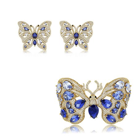 Conjunto luxo borboleta de brinco e bracelete cravejado zircônia topázio banho em ouro 18k