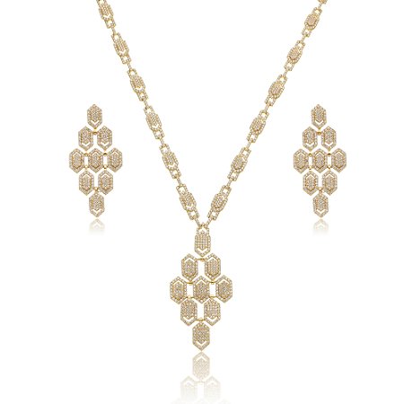 Conjunto de brinco e colar de luxo com zirconia cristal banho em ouro 18k