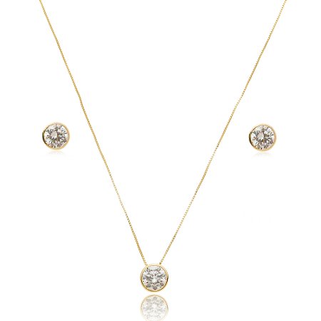 Conjunto de brinco e colar com zirconia cristal banho em ouro 18k