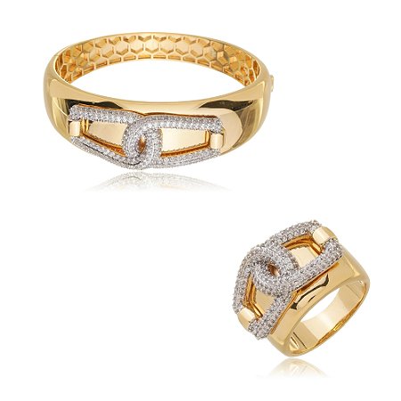 Conjunto de bracelete e anel cravejado com zircônia cristal banho em ouro 18k