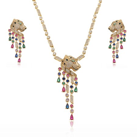 Conjunto de brinco e colar de luxo cravejado de zirconia colorida banho em ouro 18k