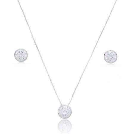 Conjunto de brinco e colar com zirconia cristal banho em rodio branco