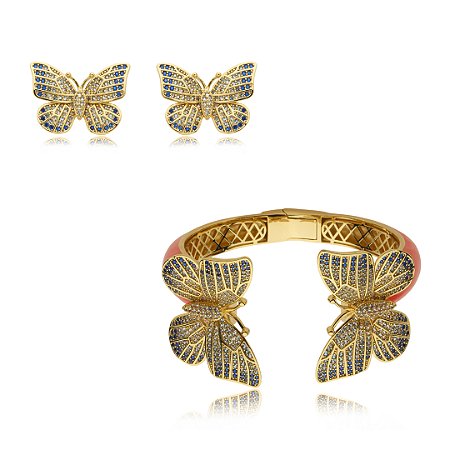 Conjunto de brinco e pulseira de borboleta esmaltado com zirconia banho em ouro 18k