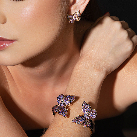 Conjunto de brinco e pulseira de borboleta esmaltado com zirconia banho em ouro 18k