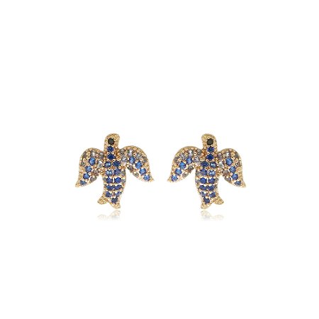 Brinco de base cravejado de zirconia azul banho em ouro 18k