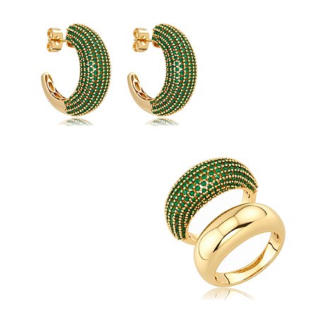 Conjunto brinco e anel cravejado de zircônia esmeralda banho em ouro 18k