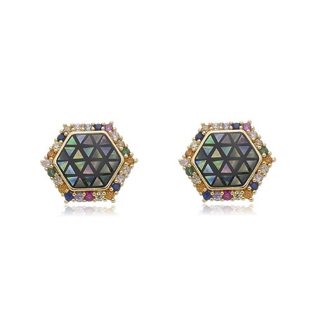 Brinco de base cravejado de zirconia colorida banho em ouro 18k