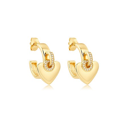 Brinco de argola com coração cravejado de zircônia cristal banho em ouro 18k
