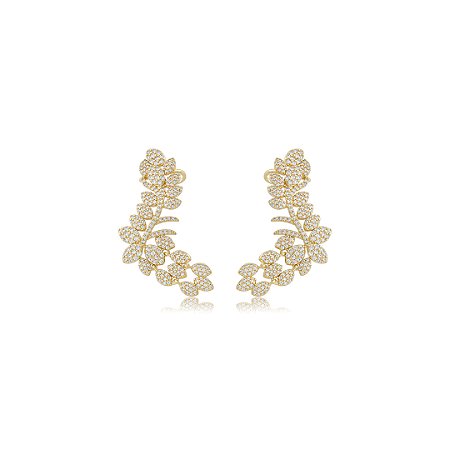 Brinco ear cuff flor cravejado de zircônia cristal banho em ouro 18k