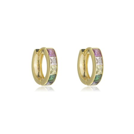 Brinco de argola cravejado de zirconia colorida banho em ouro 18k