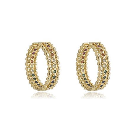 Brinco de argola cravejado de zirconia colorida banho em ouro 18k