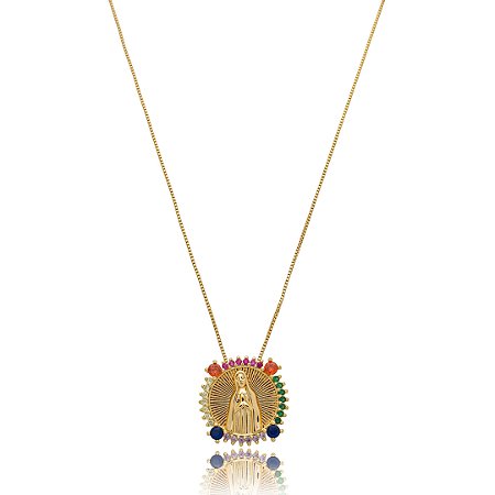 Colar com pingente cravejado de zirconia colorida banho em ouro 18k