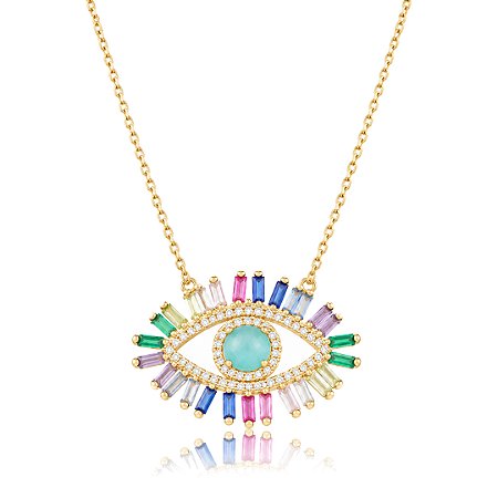 Colar com pingente cravejado de zircônia colorida banho em ouro 18k