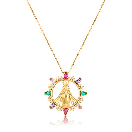 Colar com pingente religioso cravejado de zircônia colorida banho em ouro 18k