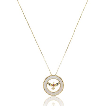 Colar com pingente madreperola cravejado de zirconia colorida banho em ouro 18k