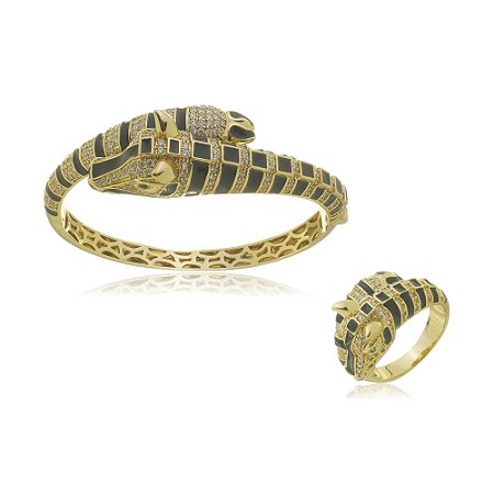 Conjunto de pulseira e anel esmaltado cravejado de zirconia cristal banho em ouro 18k