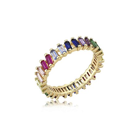 Anel cravejado de zircônia colorida banho em ouro 18k