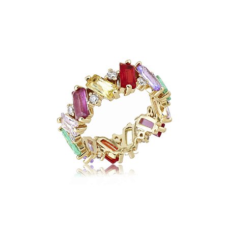 Anel cravejado em zircônia colorida banho em ouro 18k