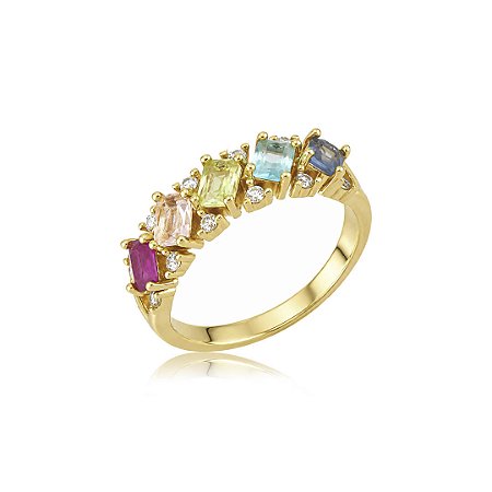 Anel cravejado de zircônia colorida banho em ouro 18k