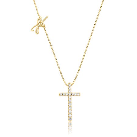 Colar com pingente cruz cravejado de zircônia cristal banho em ouro 18k