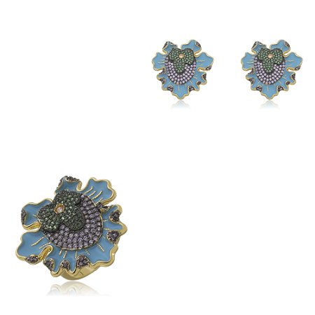 Conjunto de brinco e anel esmaltado com zircônia esmeralda e ametista banho em ouro 18k